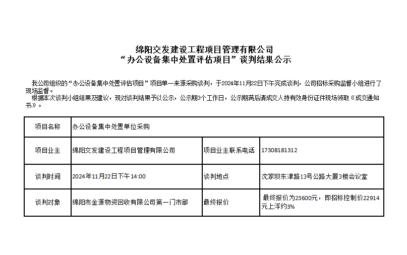 綿陽交發建設工程項目管理有限公司“辦公設備集中處（chù）置評估項目”談判結果公示.png